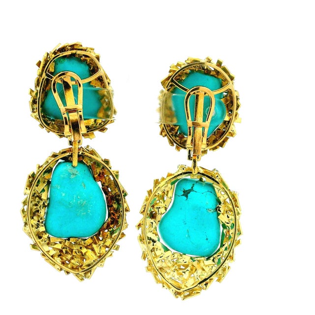 Metal Italian Modernist Turquoise Diamond Textured Gold Earrings, Circa 1970s, A Pair For Sale - Image 7 of 12