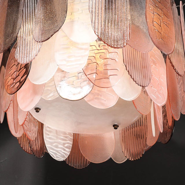 Modernist Round 3-Tier Hand-Blown Murano Glass Chandelier W/ Oval Reeded Shades For Sale - Image 9 of 18