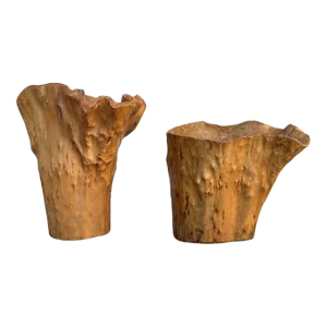 Hand-Carved Tree Live Edge Burlwood Planters - Set of 2
