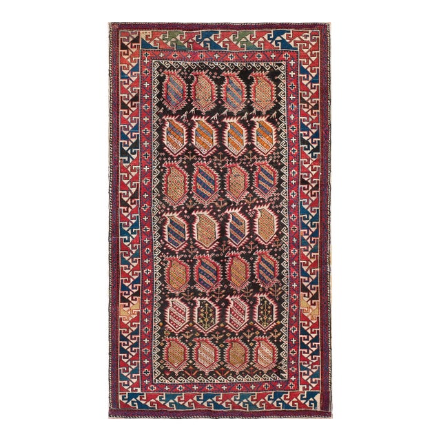 1930s Blue Navy Geometric Antique Antique Caucasian Rug 3' 8'' X 6' 3'' Knotted Wool Carpet For Sale