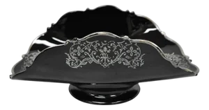 Vintage Rockwell Black Amethyst Glass Sterling Silver Overlay Centerpiece Dish