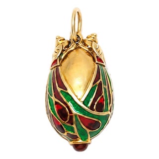 Vintage Chinese Gilded Silver Enamel Egg Pendant Bird With Garnet For Sale