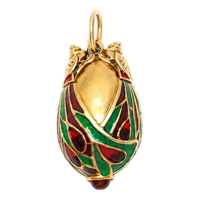 Vintage Chinese Gilded Silver Enamel Egg Pendant Bird With Garnet For Sale