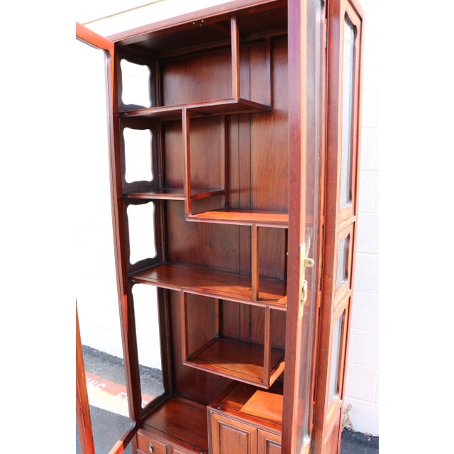 Vintage Asian-Inspired Rosewood Display Cabinet / Curio With Glass Doors and Brass Hardware For Sale - Image 10 of 18