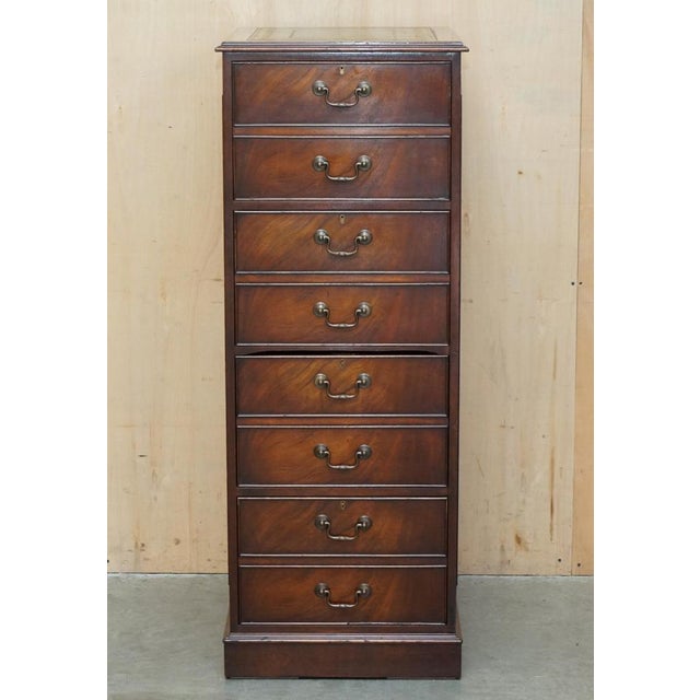 Large Flamed Hardwood 4-Drawer Filing Cabinet with Green Leather Top For Sale - Image 3 of 18