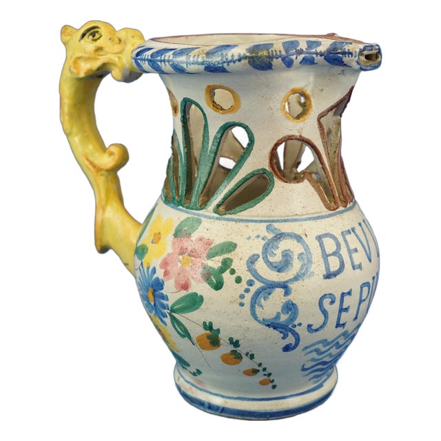 20th Century Drink if You Can Pitcher in Perforated Majolica Ceramic by Fuschini & Rosa, Acquapendente, Italy, 1920s For Sale