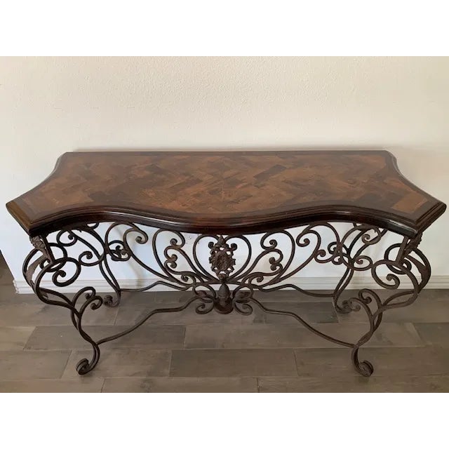 Mediterranean Wrought Iron & Walnut Herringbone Console Table, 57” For Sale In Dallas - Image 6 of 7