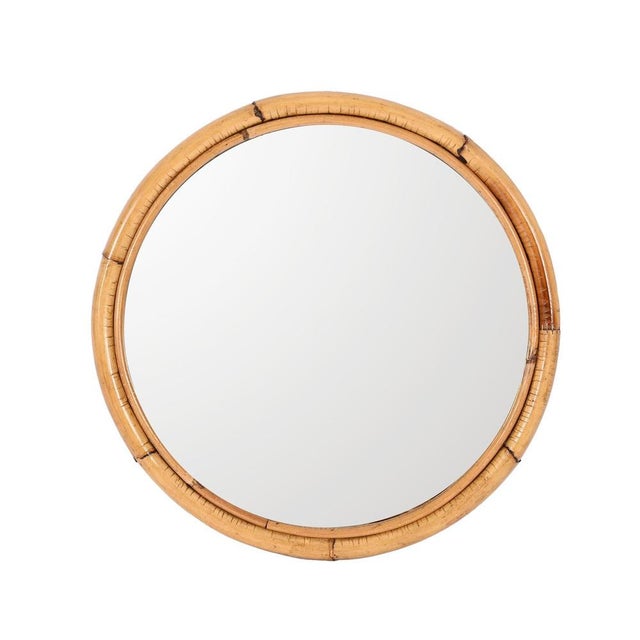 Tan Mid-Century Italian Round Mirror with Double Bamboo and Cane Frame, 1970s For Sale - Image 8 of 16