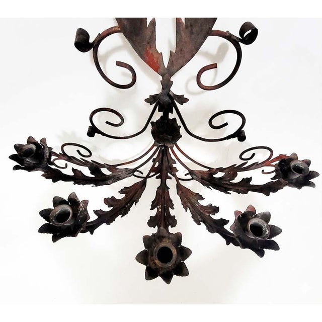 Spanish Revival Monumental Mid-20th Century Spanish Revival Red Wrought Iron 5-Light Wall Sconce — 3 Feet Tall For Sale - Image 3 of 8