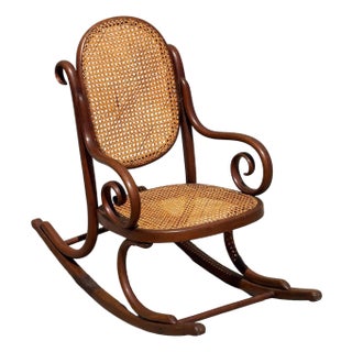 Antique Vienna Secession Bent Oak & Cane Scrolling Children Sized Rocking Chair, Thonet For Sale