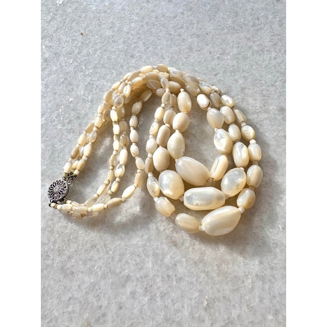 Mid-Century Modern Vintage Mother of Pearl, Multi Strand Necklace With Sterling Silver Clasp For Sale - Image 3 of 6