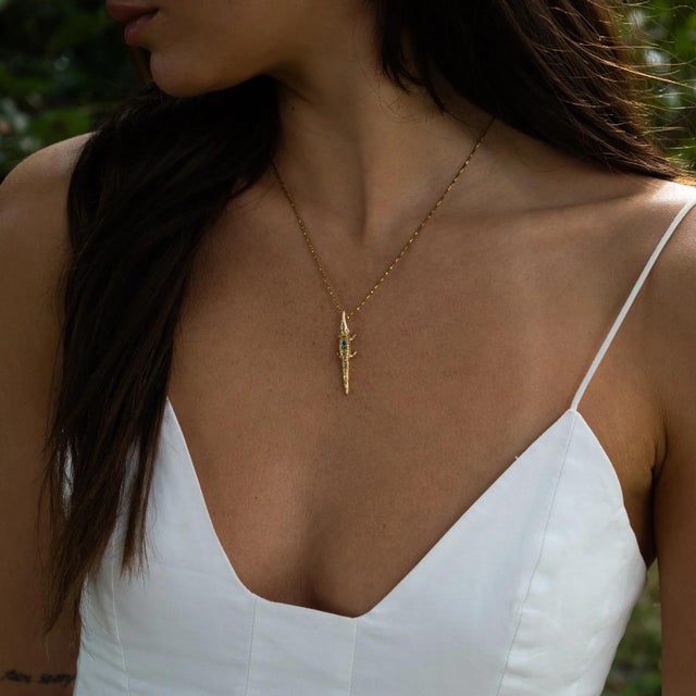 Gold Guardian Crocodile Multicolor Crystal Gold Necklace For Sale - Image 8 of 11