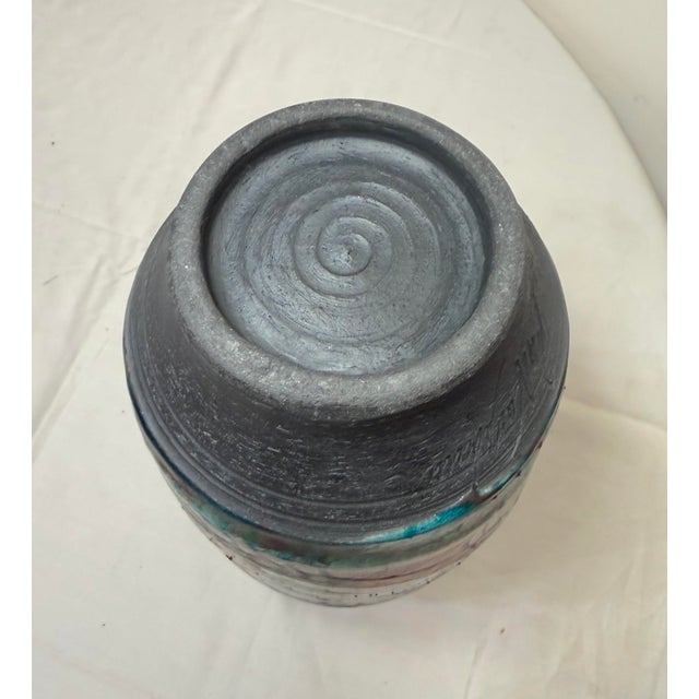 Vintage Large Tall Signed Tom Neugebauer Blue Green Raku Blackware Pottery Vase For Sale - Image 10 of 13