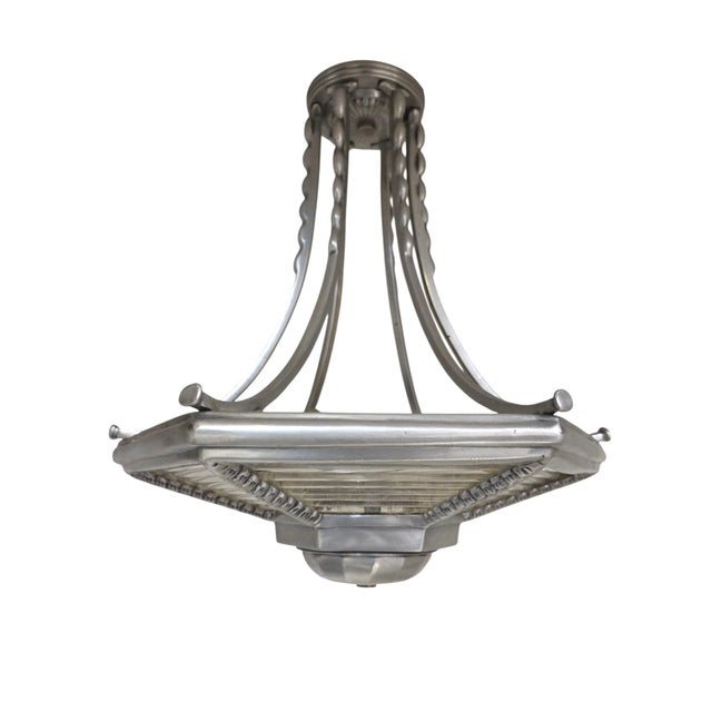 Art Deco Small Art Deco Six Sided Glass and Aluminum Chandelier For Sale - Image 3 of 17