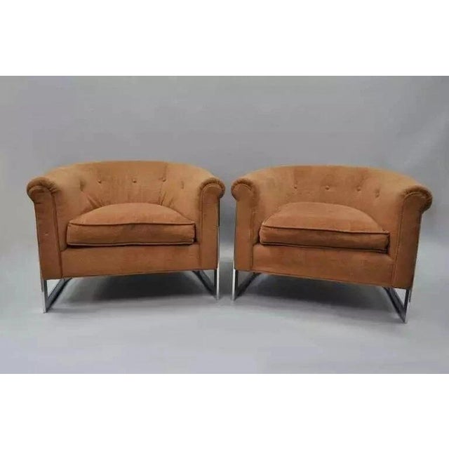 Pair of Mid Century Modern Milo Baughman attributed Chrome Barrel Back Club Lounge Chairs. Item features low sleek forms,...