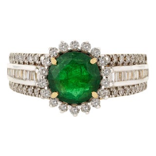1.24ct Round Emerald Vintage Diamond Cocktail Ring in 14k Yellow Gold Size 6.5 For Sale