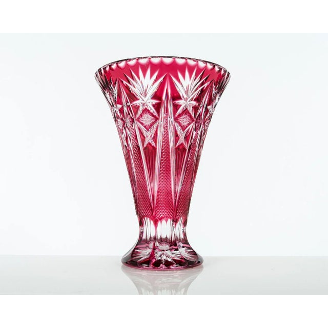 Mid Century Crystal Cut Cranberry Vase For Sale - Image 4 of 4
