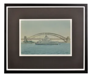 Eric Tufnell, HMS Newcastle in Sydney Harbour, 1956, Watercolour, Framed