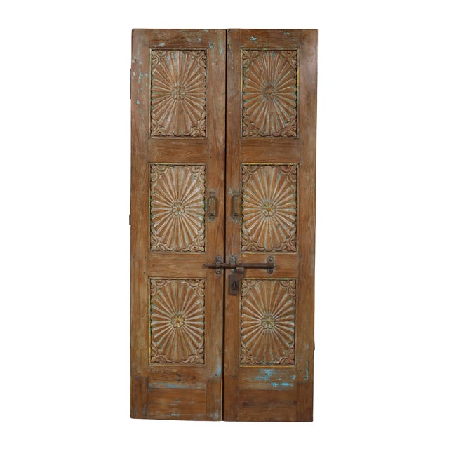 1900 - 1909 Antique Indian Sunburst Carved Teakwood Door, Late 19th C. For Sale - Image 5 of 6