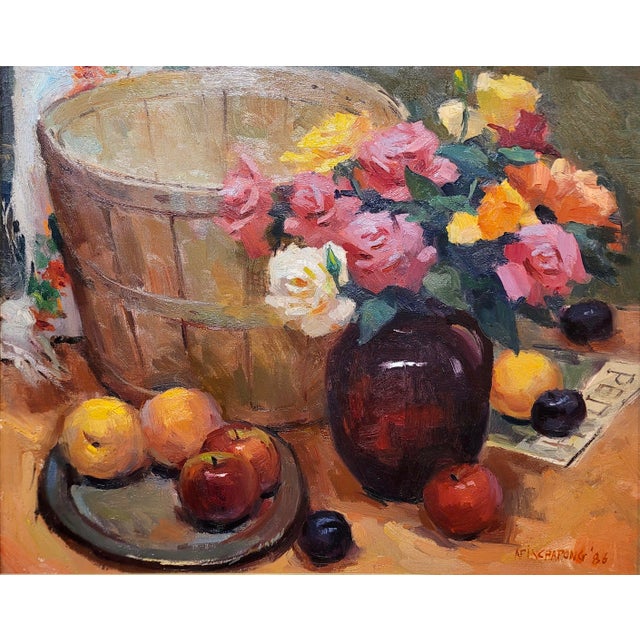 American Sunny Apinchapong-Yang - Still Life of Roses & Apples -Oil Painting For Sale - Image 3 of 10