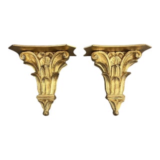 Vintage‑Style Italian Giltwood Acanthus Leaf Wall Bracket Shelves For Sale