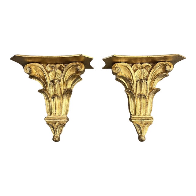 Vintage‑Style Italian Giltwood Acanthus Leaf Wall Bracket Shelves For Sale