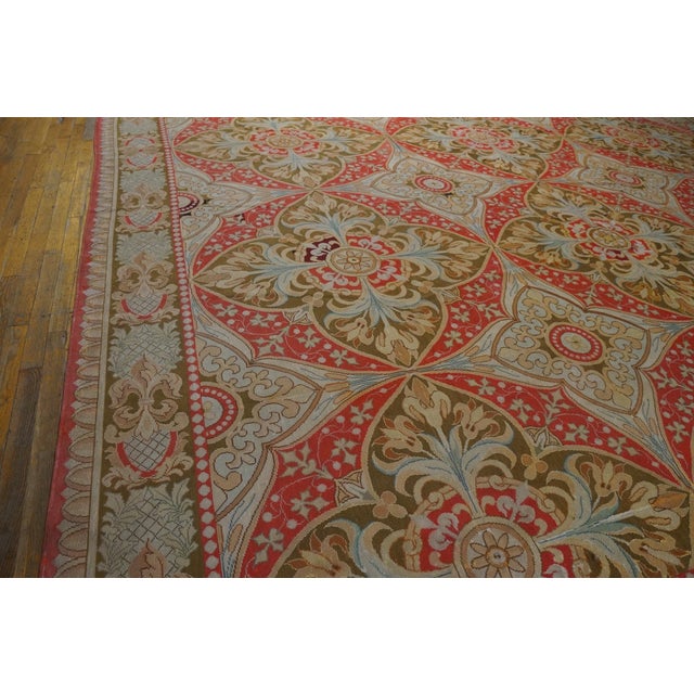 French 1880s Salmon Floral Medallion Antique French Needlepoint Rug 13'4" X 18' Flatweave Wool Carpet For Sale - Image 3 of 6