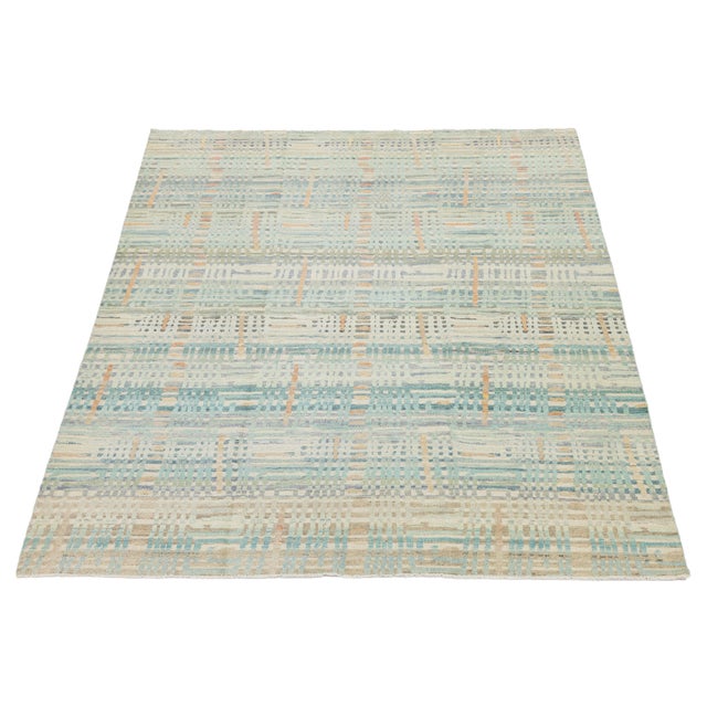 Aqua Modern Abstract Plaid Wool Area Rug in Pastel Aqua, Sage & Warm Terracotta 9x12 For Sale - Image 8 of 12