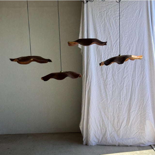 Brutalist Large Flat Wavy Leaf-Shaped Teak Pendant Light with Floral Design For Sale - Image 3 of 11