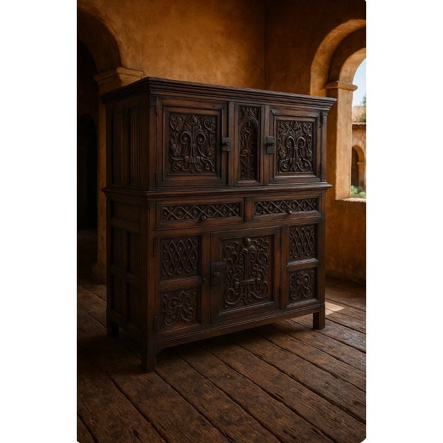 French Breton Carved Oak Carved China Cupboard For Sale - Image 9 of 9