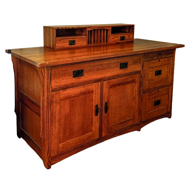 Arts & Crafts Vintage Restoration Hardware Craftsman-Style Solid Oak Credenza & Organizer For Sale - Image 3 of 6