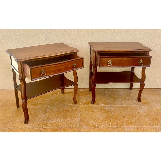 Pair of Spanish Wood Bedside Tables With Drawers and Lower Shelves, 1940s For Sale - Image 4 of 15
