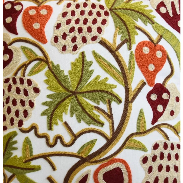 Custom-tailored designer pillow in a woven cotton blend crewel-style fabric depicting an intertwining botanical floral...