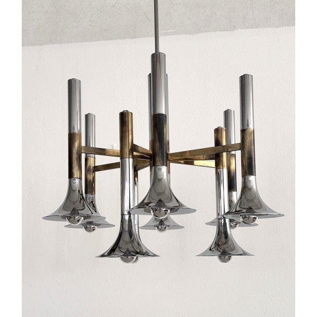 Large Italian Chrome and Brass Trumpet Chandelier attributed to Lumi Milano, 1970s For Sale - Image 6 of 18