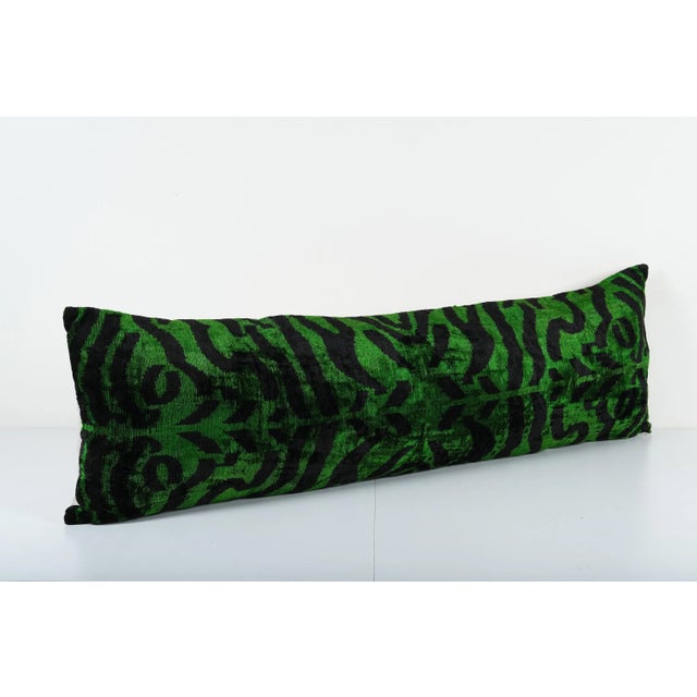 Mid-Century Modern Silk Ikat Velvet Pillow Cover – Green and Black Zebra Pattern Bedding Cushion 16'' X 47'' For Sale - Image 3 of 4