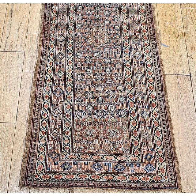 Antique Serab Camel Hair Runner Rug, Hand-Knotted Wool, Allover Geometric Pattern, Red & Green, 3x12 For Sale - Image 12 of 18