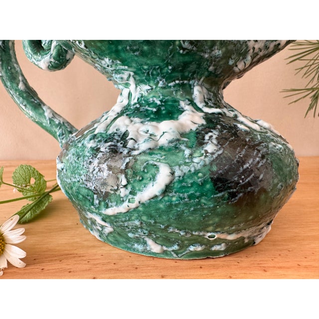 Vintage Sculptural Green Lava Glaze Ceramic Ewer With Scroll Handle For Sale - Image 17 of 18