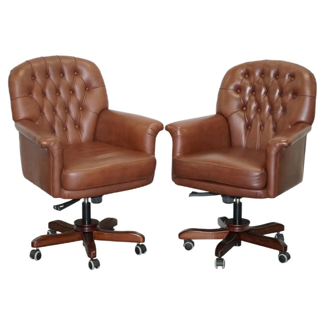 Brown Leather Chesterfield Captain's Armchair For Sale