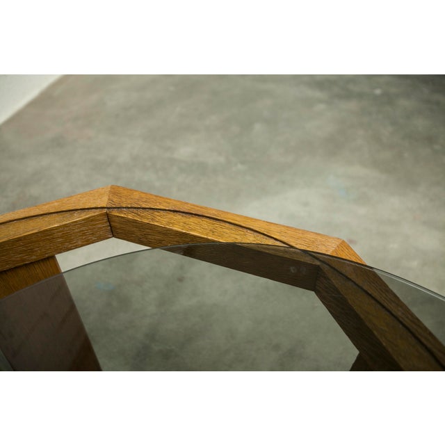 Hexagonal Table in Oak and Smoked Glass, Switzerland, 1977 For Sale - Image 10 of 18