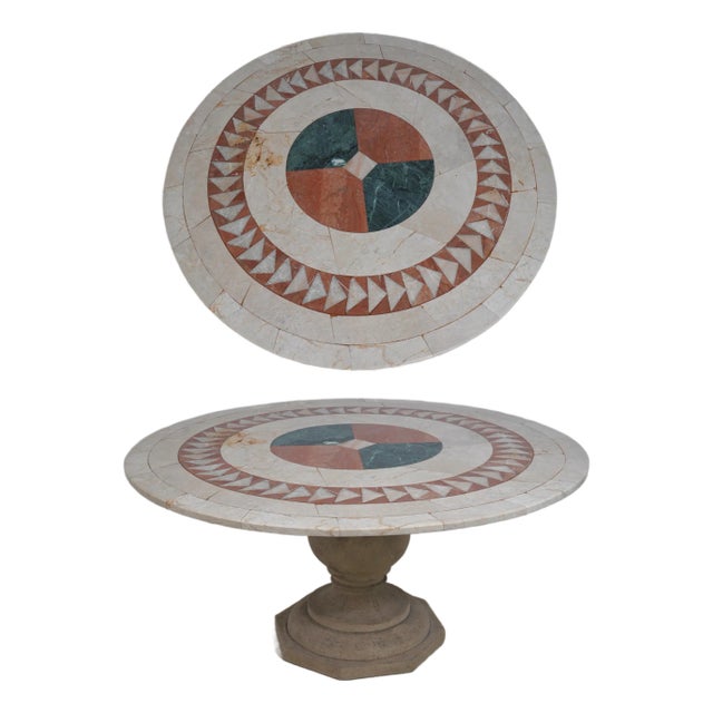 Round Inlaid Marble Top Pedestal Base Dining Room Table For Sale