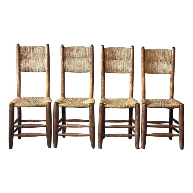 Perriand Style French Rush Dining Chairs, Set of 4 For Sale