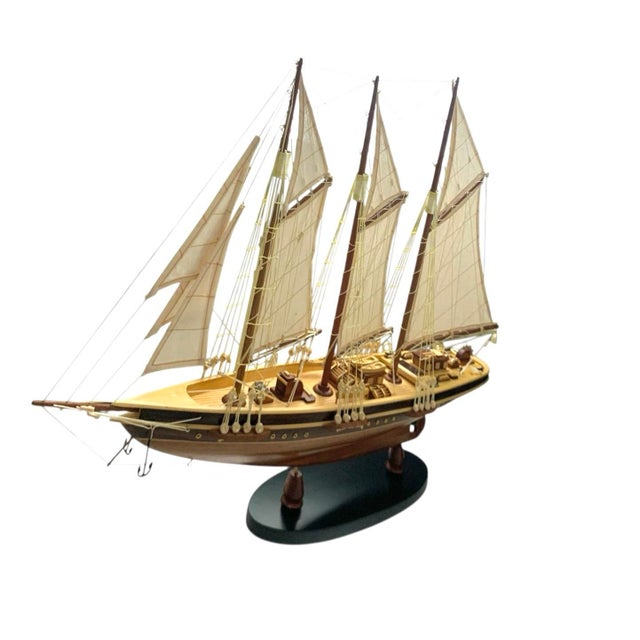 Coastal Late 20th Century Ship Model Wooden Sailboat Nautical Coastal Theme Vintage Office Decor For Sale - Image 3 of 6