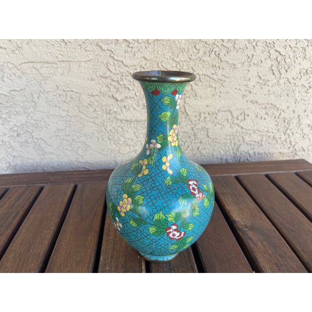 1970s Mid Century Chinese Cloisonné Teal Enamel Vase For Sale - Image 5 of 8