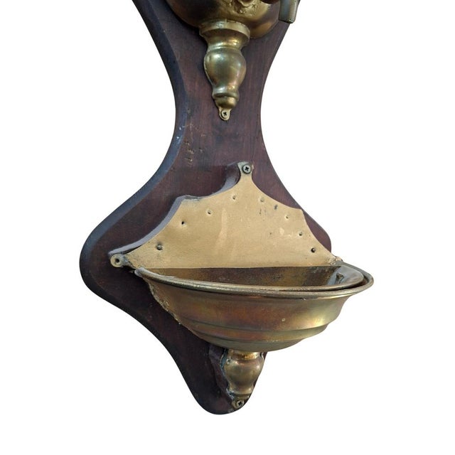 Vintage Wall-Mounted Brass and Wood Washbasin with Cross, 1920 For Sale - Image 4 of 11