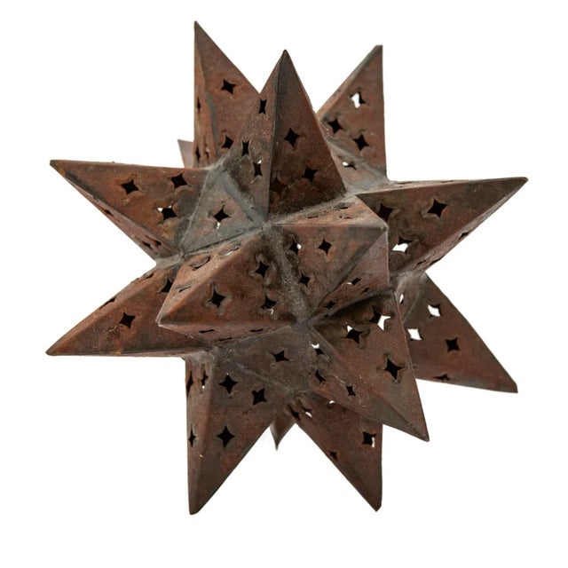 Rustic Vintage Moroccan Style Pierced 18 Point Hinged Iron Star Candle Curio For Sale - Image 3 of 11