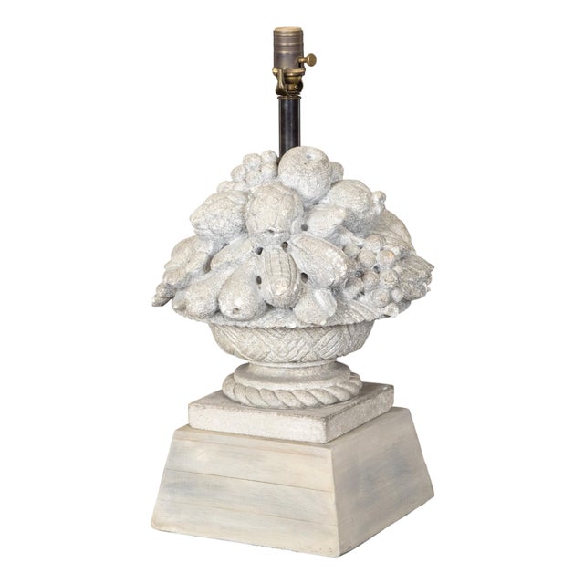 French 1940s Carved Stone Table Lamp Depicting a Fruit Bowl on Pedestal For Sale