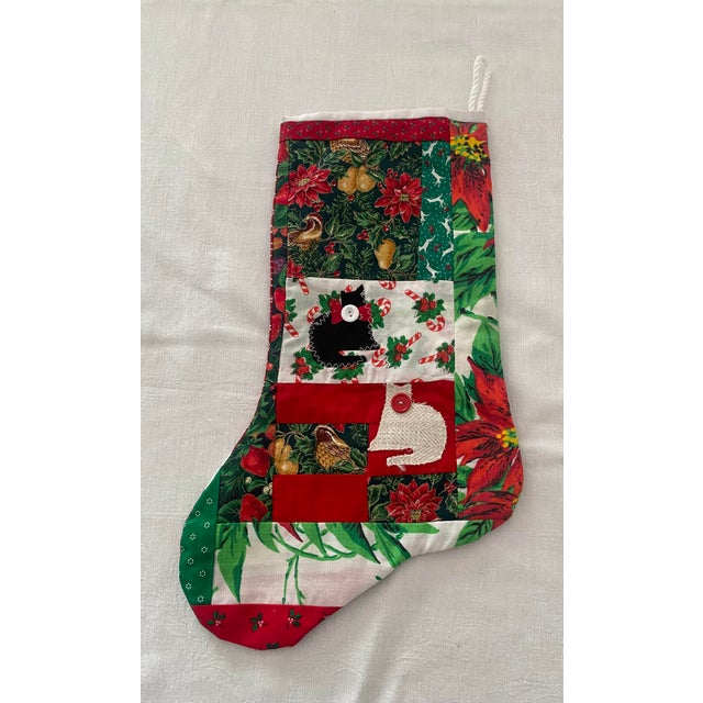 Vintage 1999 Signed "Lw" Primitive Folk Art Patchwork Christmas Stocking With Cat Applique Excellent Condition For Sale In Denver - Image 6 of 11