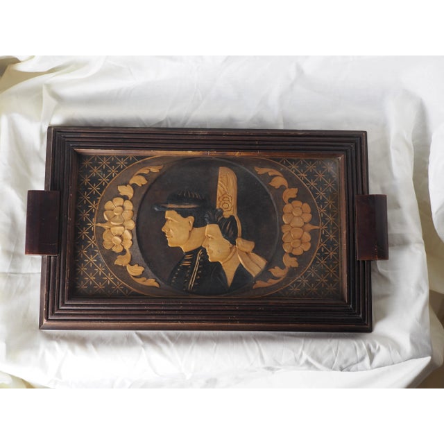 1930s French Breton Carved Wood Wedding Serving Tray, Couple in Traditionnal Costume For Sale - Image 9 of 11