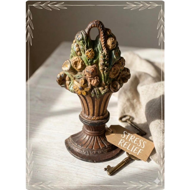 1930s Antique Cast Iron Flower Basket Doorstop #1403 Original Polychrome Paint 8.75" For Sale - Image 5 of 13