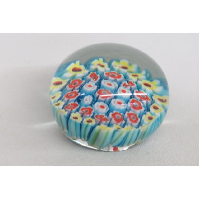 Glass Small Round Art Glass Paper Weight Italian Murano Style Millefiori Flowers 5131b For Sale - Image 7 of 10